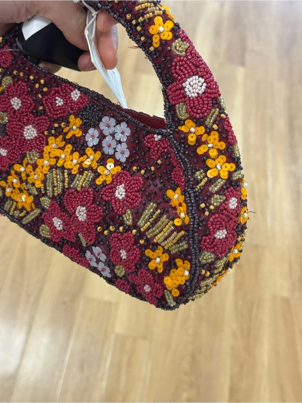 Beaded Floral Handbag in Burgundy and Yellow